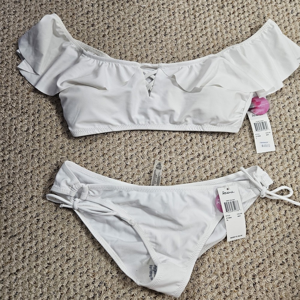NWT Raisins White Bikini Set - XL Bottom - L Top - Off Shoulder Flounce Swimwear
